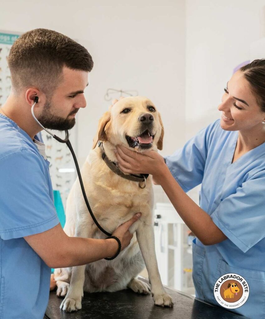 photo of a yellow lab being examined at the veterinarian's office